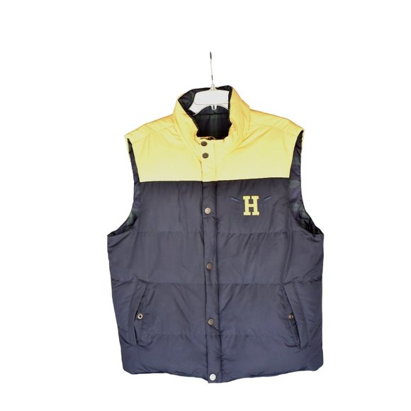 Vintage Men'sTommy Hilfiger Navy Blue Gold  Puffer Vest Plaid Lining M/L - Picture 1 of 8